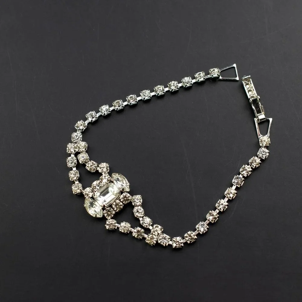Fancy rhinestone tennis bracelet, dainty clear crystal cocktail party bracelet